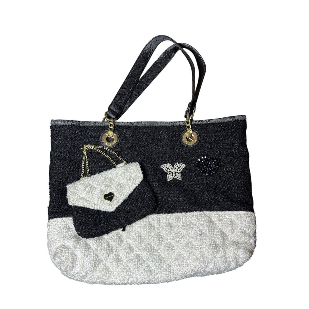 Y2K Betsey Johnson Purse Trendy Shopper Bag Tote Black White Heart Butterfly